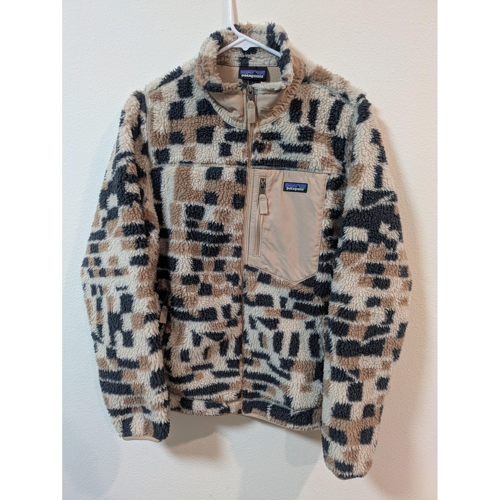 Patagonia Jacket Womens Large Beige Geometric Fleece Full Zip Sherpa Warm